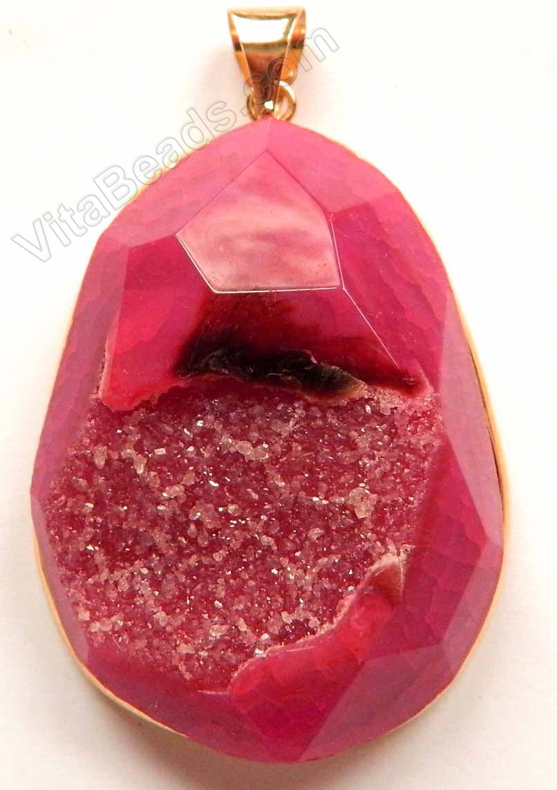 Faceted Irregular Pendant - Fuchsia Fire Agate w/ Quartz - 05