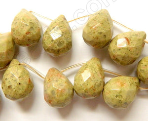 New Chinese Unakite Green - 13x18mm Faceted Teardrop 16"
