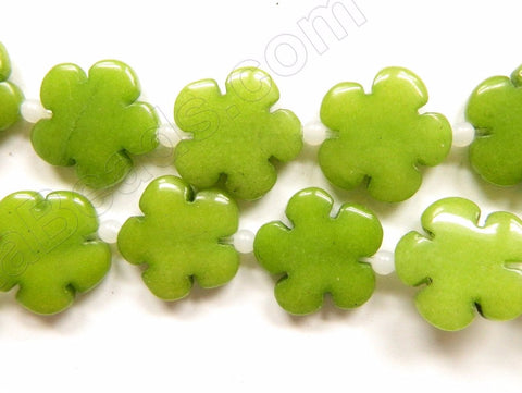 Olive Green Jade  -  Carved 5 Petal Flower Strand  16"    20 mm