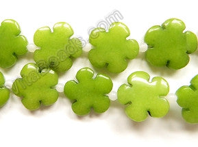 Olive Green Jade  -  Carved 5 Petal Flower Strand  16"    20 mm