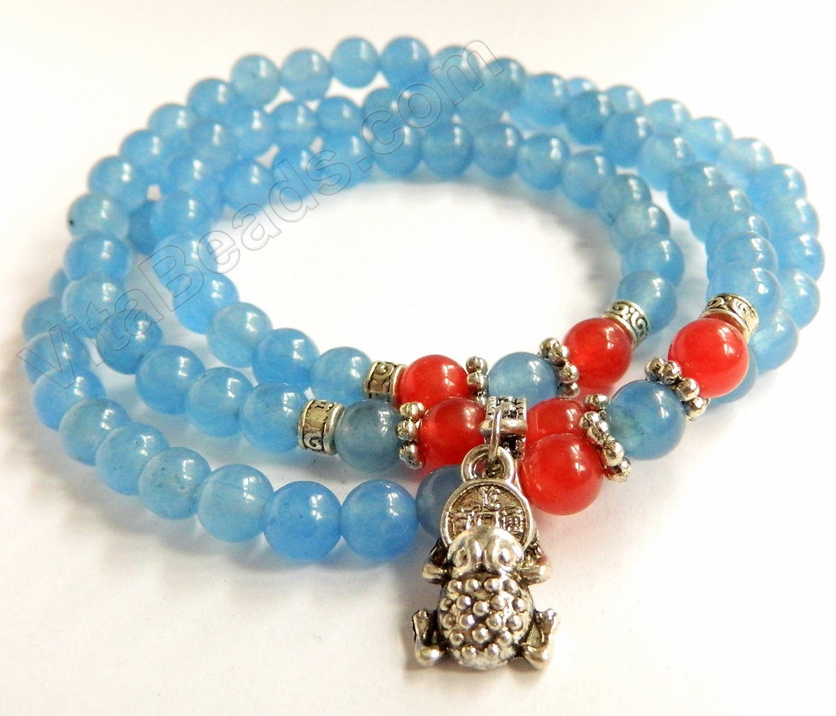 Smooth Round Beads Bracelet - Light Blue w/ Red Length:  22"