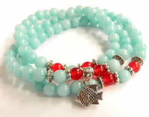 Smooth Round Beads Bracelet - Amazonite Jade w/ Red Length:  22"