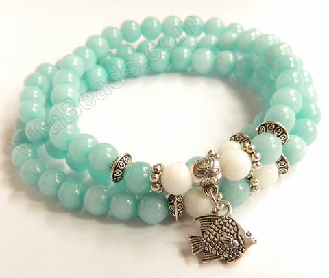 Smooth Round Beads Bracelet - Amazonite Jade w/ White Length:  22"