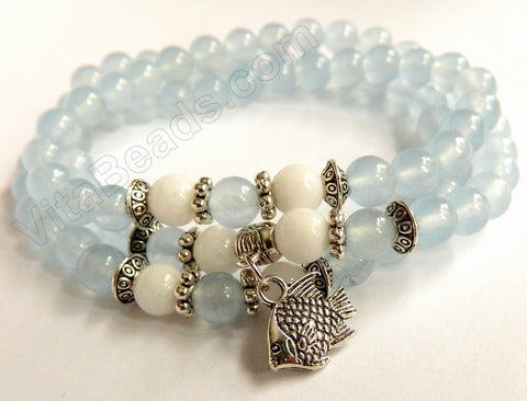 Smooth Round Beads Bracelet - Light Aquamarine w/ White Length:  22"