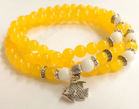 Smooth Round Beads Bracelet - Yellow Jade w/ White Length:  22"