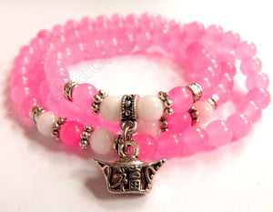 Smooth Round Beads Bracelet - Pink Jade w/ White Length:  22"