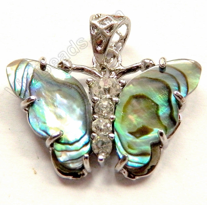 Abalone  -  Butterfly Pendant w/ Marcasite &. Bail 26x22x5mm