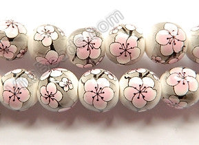 Porcelain Beads - White w/ Pink Cherry Smooth Round Beads  16"