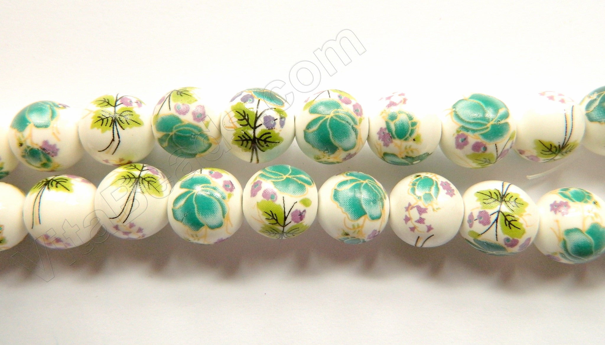 Porcelain Beads - White w/ Green Flora Beads  - 12 mm Smooth Round