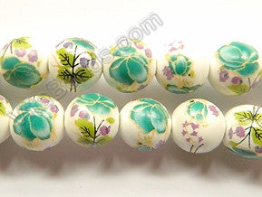 Porcelain Beads - White w/ Green Flora Beads  - 12 mm Smooth Round