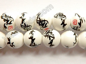 Porcelain Beads - White w/ Black Calligraphy Smooth Round Beads  16"