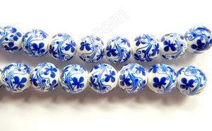 Porcelain Beads - White w/ Dark Blue Flower Smooth Round Beads  14"