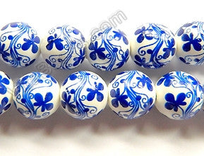 Porcelain Beads - White w/ Dark Blue Flower Smooth Round Beads  14"