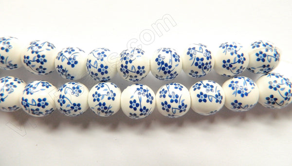 Porcelain Beads - White w/ Blue Cherry Smooth Round Beads  16"