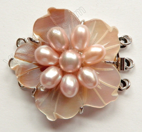 Shell Clasps - Lavender Carved Flower w/ Lavender Pearl Custer For Triple Strand