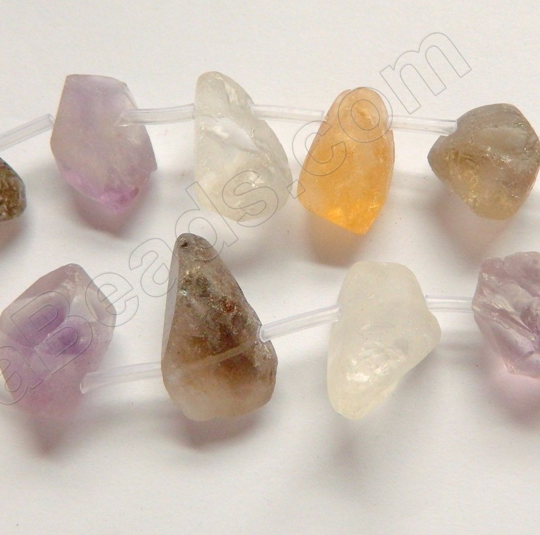 Frosted Mix Citrine, Amethyst, Smoky and Crystal  - Rough Top Drilled Nuggets 16"     12 x 18 - 20 mm