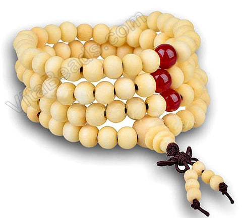Ivory Wood Smooth Round Beads  -  108 Mala Beads Bracelet  22"