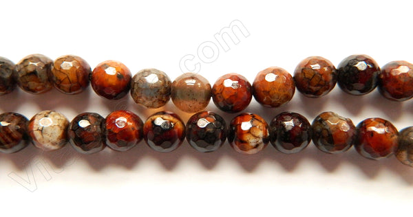 Black Red White Mixed Fire Agate  -  Faceted Round Beads  14"