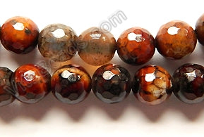 Black Red White Mixed Fire Agate  -  Faceted Round Beads  14"