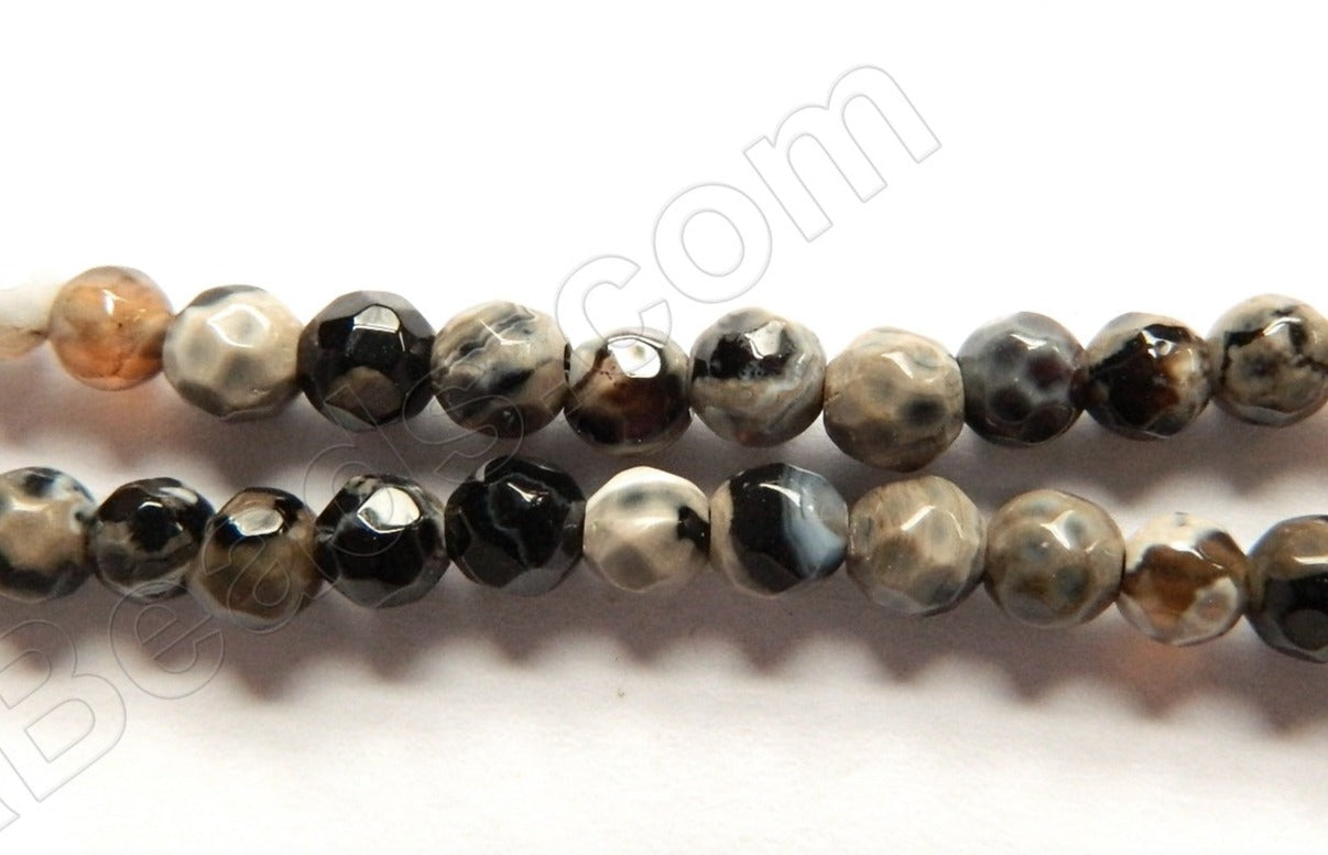 Natural Fire Agate Black White  -  Faceted Round Beads  14"