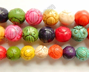 Mixed Crack Turquoise  -  Carved Smooth Round Beads  16"