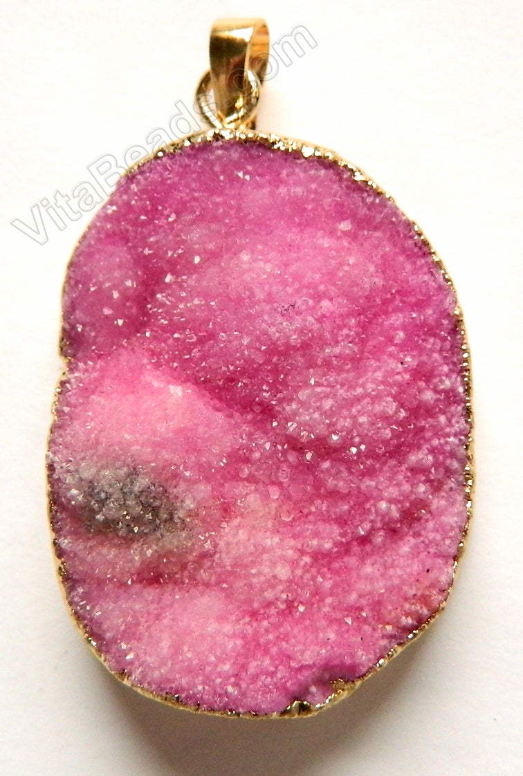 Druzy Agate Pendant - Fuchsia Crystal w/ Silver Edge &. Bail