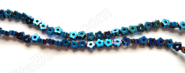 Blue Plated Hematite  -  Carved Small 5-Petal Flowers  16"    3.5 mm