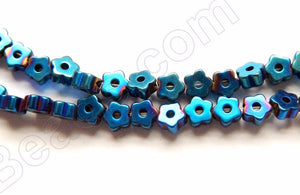 Blue Plated Hematite  -  Carved Small 5-Petal Flowers  16"    3.5 mm