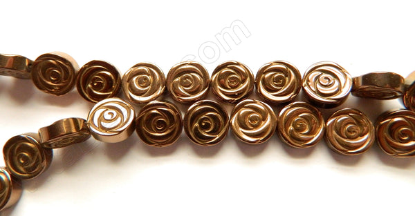 Bronze Plated Hematite  -  Carved Rose Coin Strand  16"    10 x 10 x 3 mm