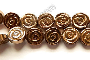 Bronze Plated Hematite  -  Carved Rose Coin Strand  16"    10 x 10 x 3 mm