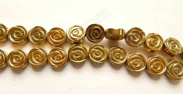 Gold Plated Hematite  -  Carved Rose Coin Strand  16"    10 x 10 x 3 mm