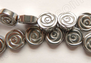 Silver Plated Hematite  -  Carved Rose Coin Strand  16"    10 x 10 x 3 mm
