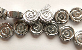 Silver Plated Hematite  -  Carved Rose Coin Strand  16"    10 x 10 x 3 mm