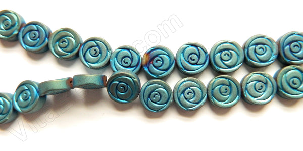 Frosted Blue Plated Hematite  -  Carved Rose Coin Strand  16"    10 x 10 x 3 mm