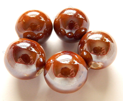 Porcelain Beads - Brown Coated, Plated -  20mm Big Smooth Round Beads 5pc