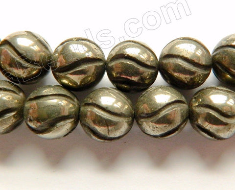 Pyrite A  -  Carved Swirl Smooth Round  16"