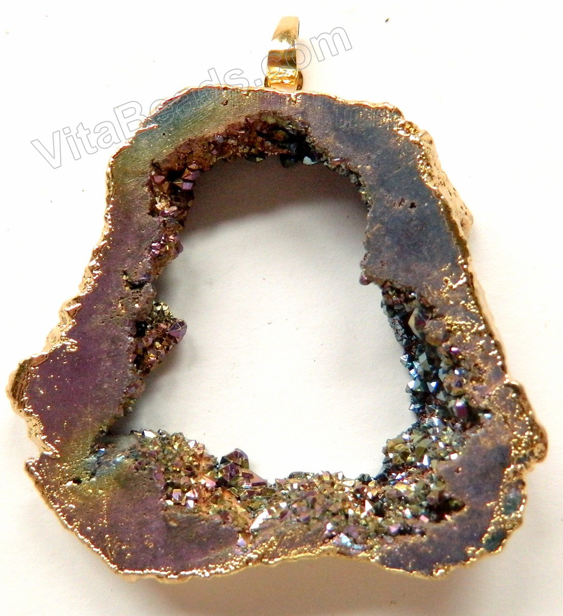 Druzy Crystal Hollow Pendant - Peacock - 05 w/ Gold Edge &. Bail