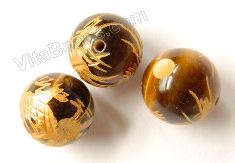 Tiger Eye Carved Gold Dragon Round Bead