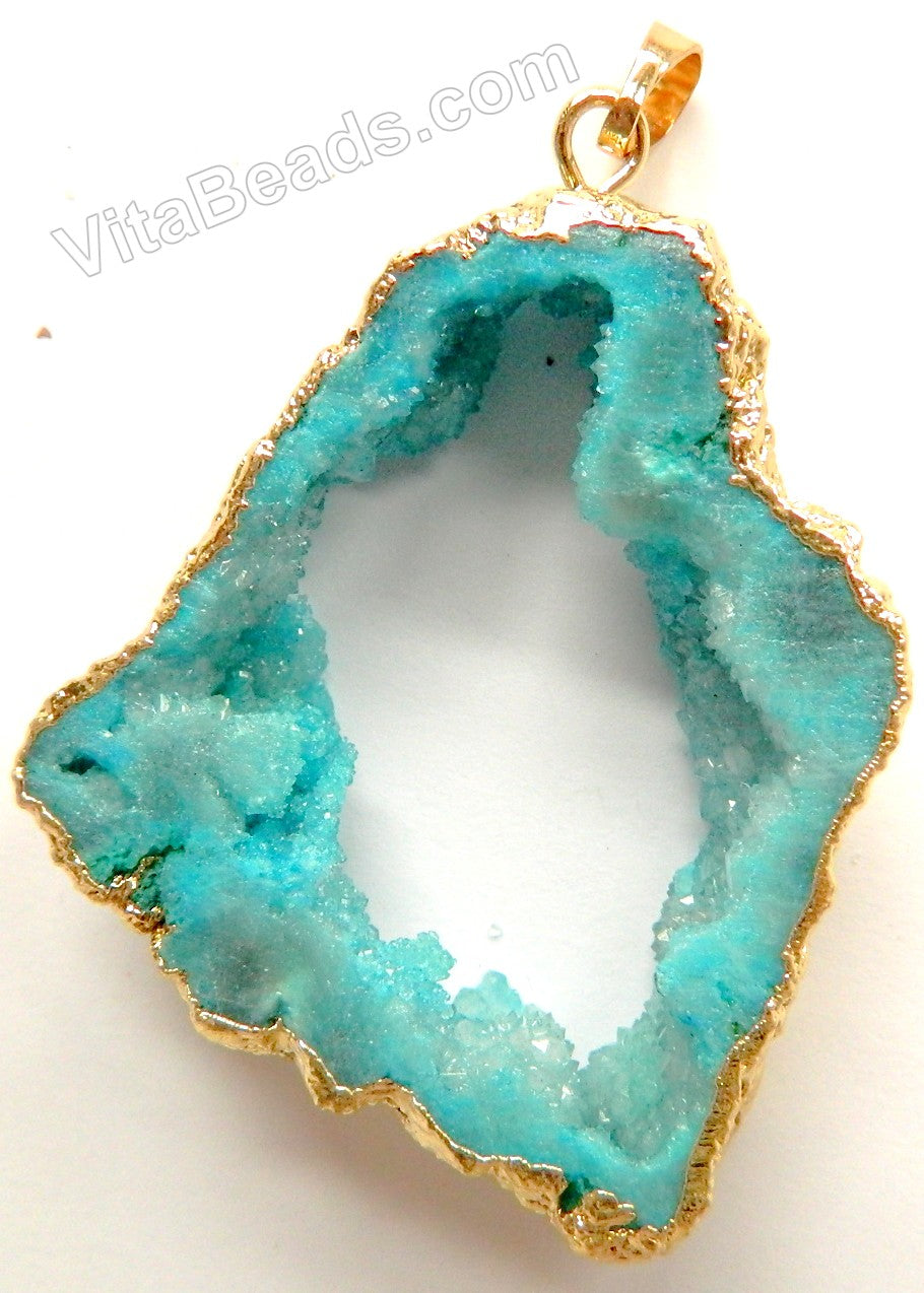 Druzy Crystal Hollow Pendant - Aqua - 05 w/ Gold Edge &. Bail