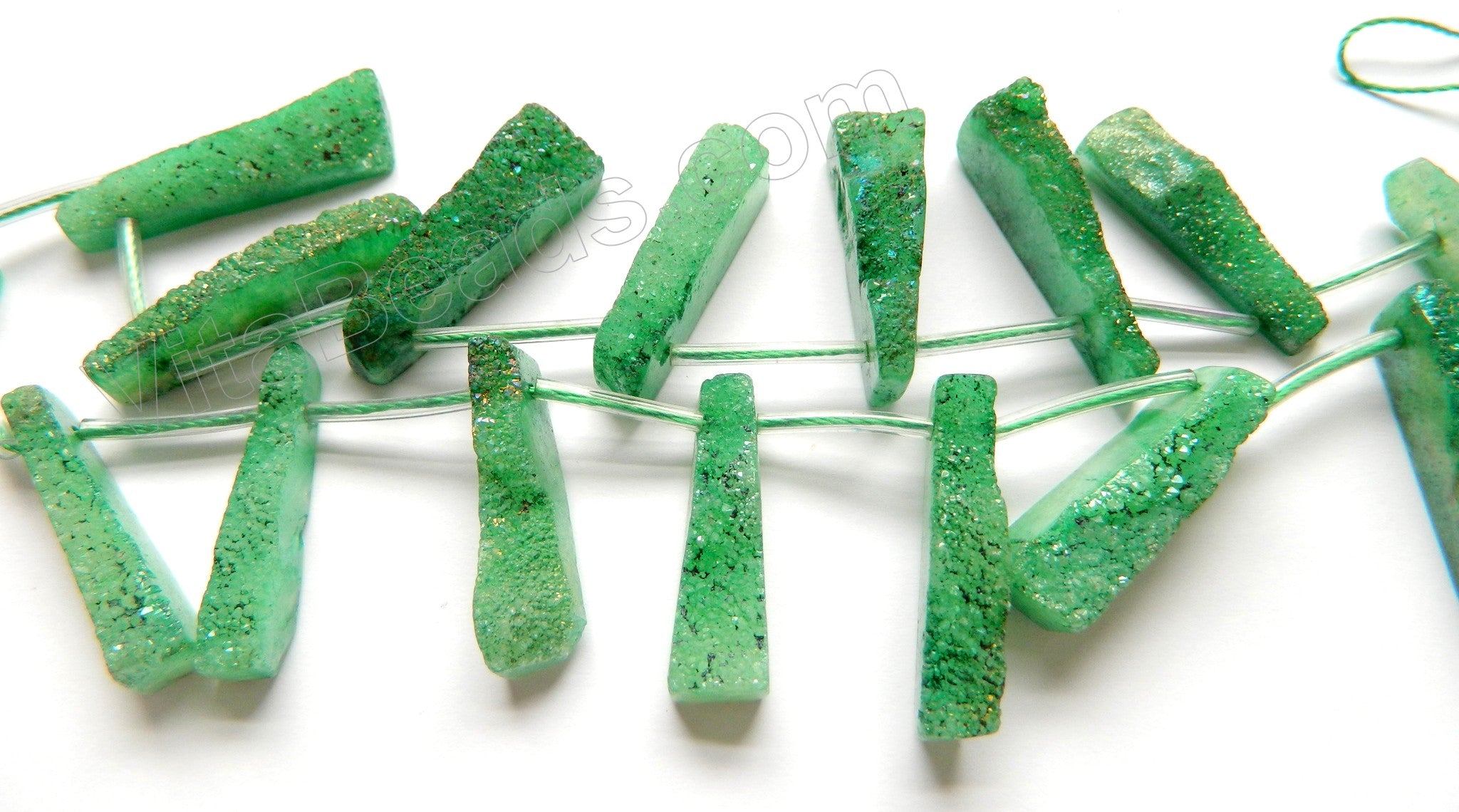 Green Druzy Crystal  -  Top Drilled Long Drop Sticks  16"    Approximate 7 x 30 mm