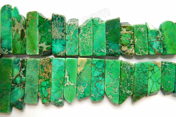 Green Impression Jasper  -  Graduated Top-drilled Long Rectangle Slabs  16"    10 x 15 mm to 10 x 50 mm