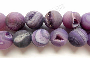 Frosted Dark Purple Agate Druzy Crystal  -  Smooth Round Beads 15"