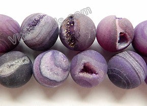 Frosted Dark Purple Agate Druzy Crystal  -  Smooth Round Beads 15"