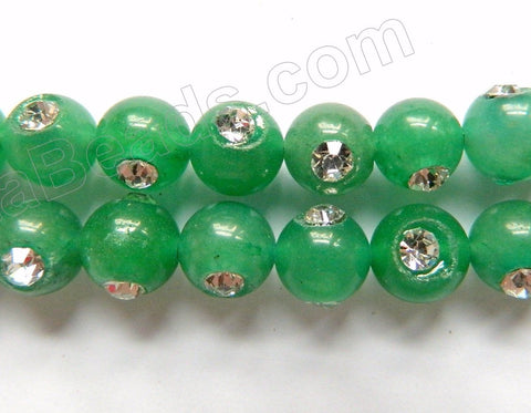Green Aventurine Dark  -  Marcasite Smooth Round Beads 16"