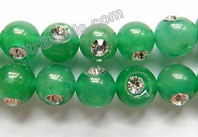 Green Aventurine Dark  -  Marcasite Smooth Round Beads 16"