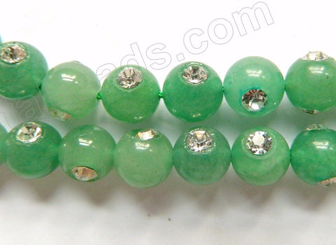 Green Aventurine Light  -  Marcasite Smooth Round Beads 16"