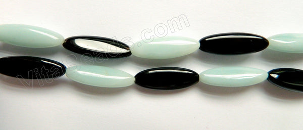 Amazonite &. Black Onyx  -  Puff Long Oval Rice  16"