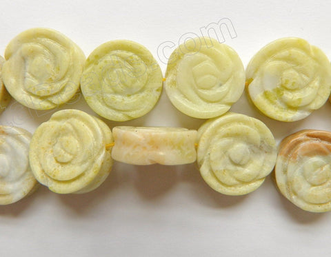 Lemon Chrysophase  -  Carved Rose Coins Strand  16"    16 x 16 x 6 mm