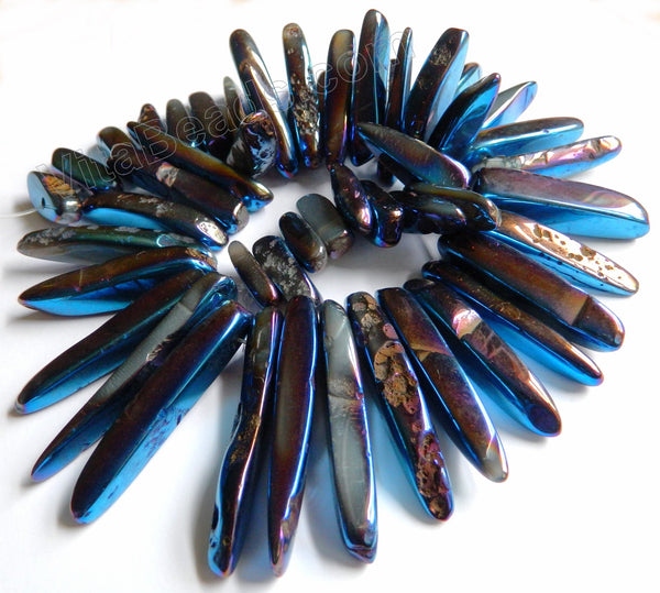 Smooth Blue Peacock Crystal Natural  -  Graduated Big Tooth Top Drilled 16"    20 - 60 mm