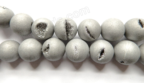 Frosted Silver Druzy Crystal  -  Smooth Round Beads 16"